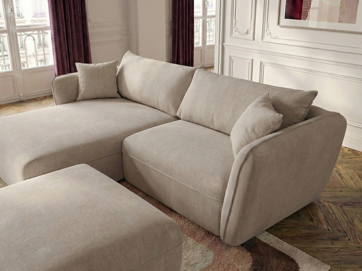 Canapé d'angle fixe LUIGI tissu lisse avec pouf
