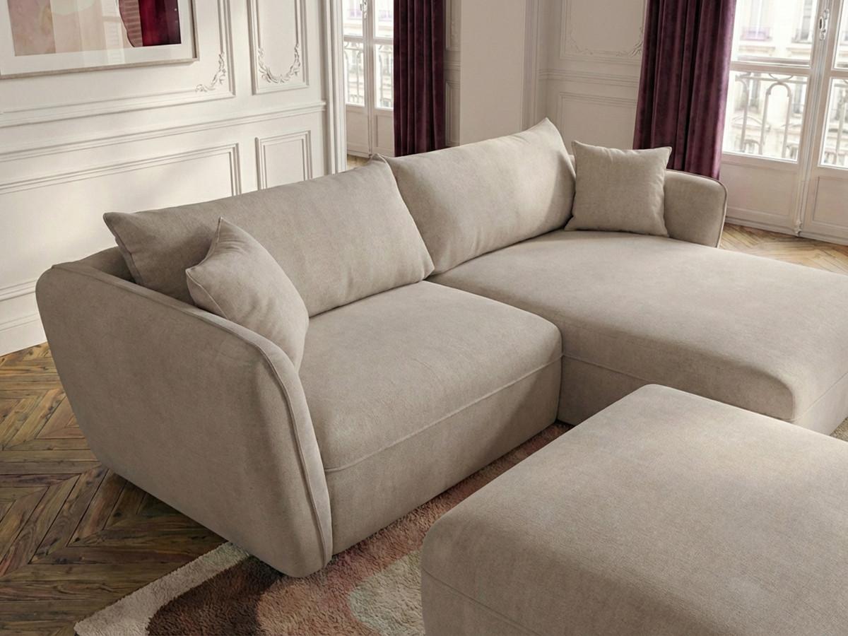 Canapé d'angle fixe LUIGI tissu lisse avec pouf