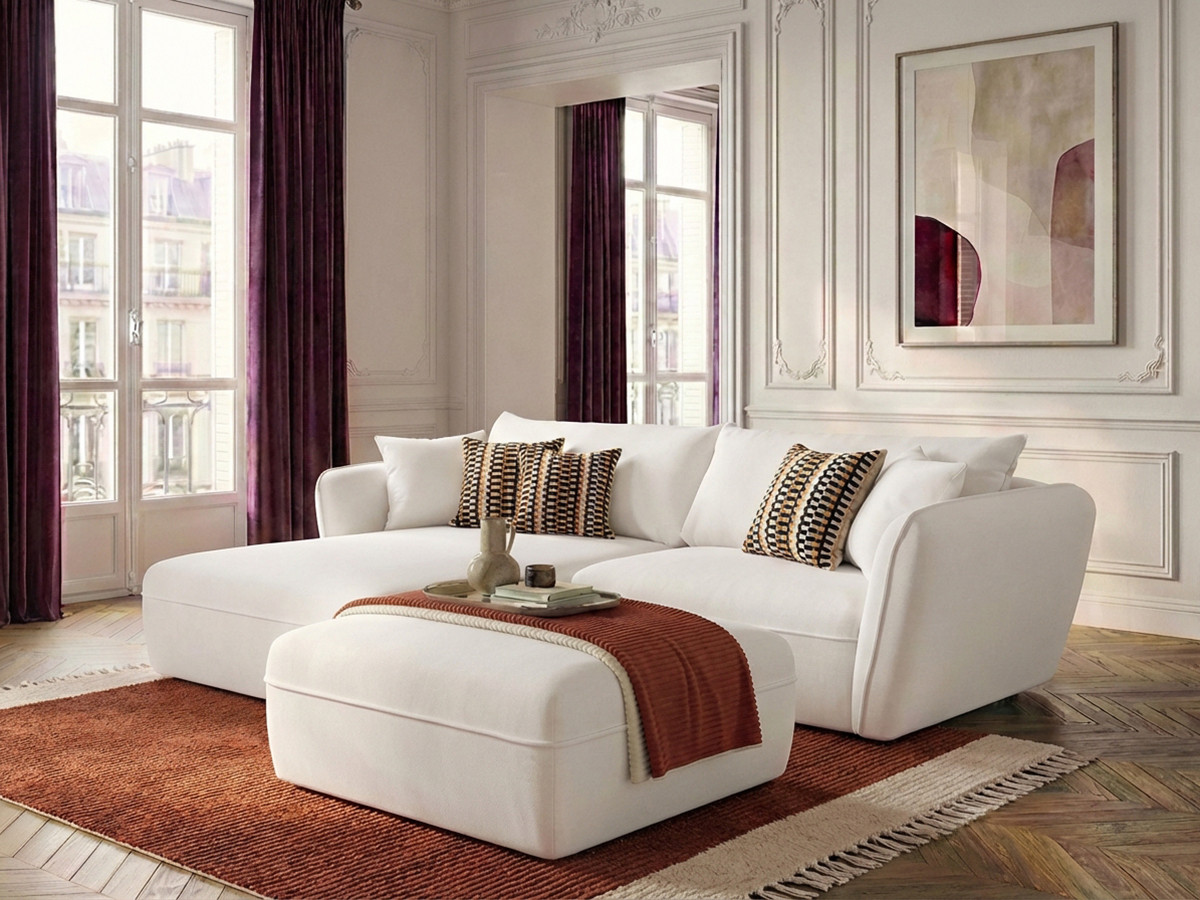 Canapé d'angle fixe LUIGI tissu lisse avec pouf