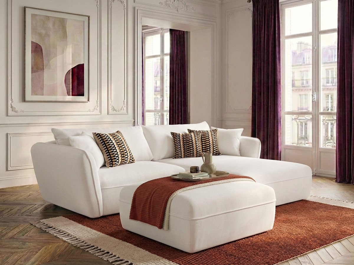 canapé d'angle fixe luigi tissu texturé avec pouf de couleur blanc