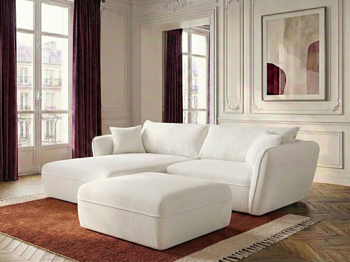 Canapé d'angle fixe LUIGI tissu lisse avec pouf