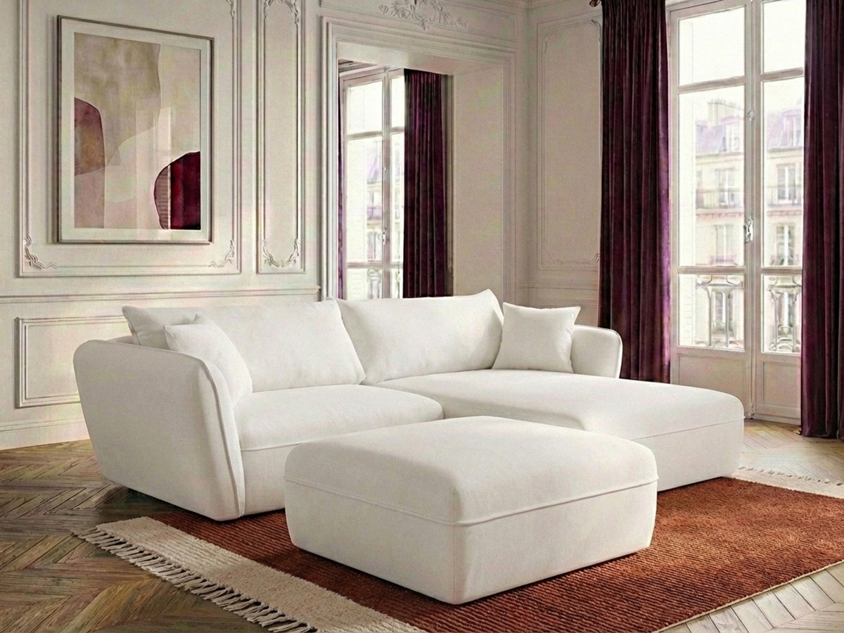 Canapé d'angle fixe LUIGI tissu lisse avec pouf