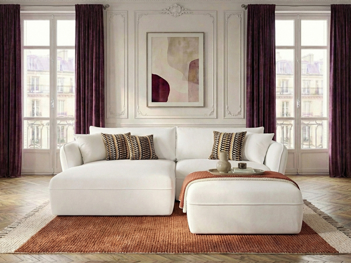 Canapé d'angle fixe LUIGI tissu lisse avec pouf