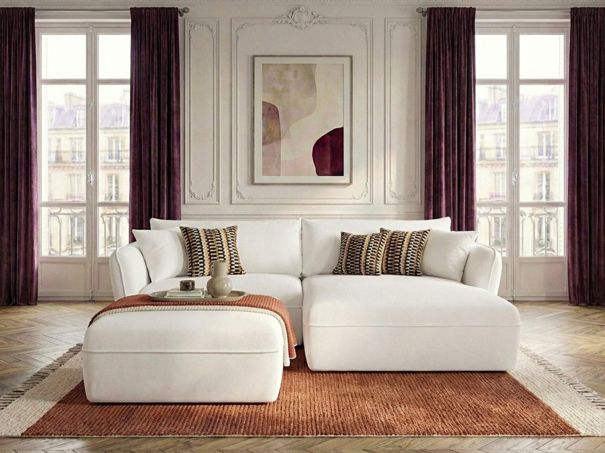 Canapé d'angle fixe LUIGI tissu lisse avec pouf