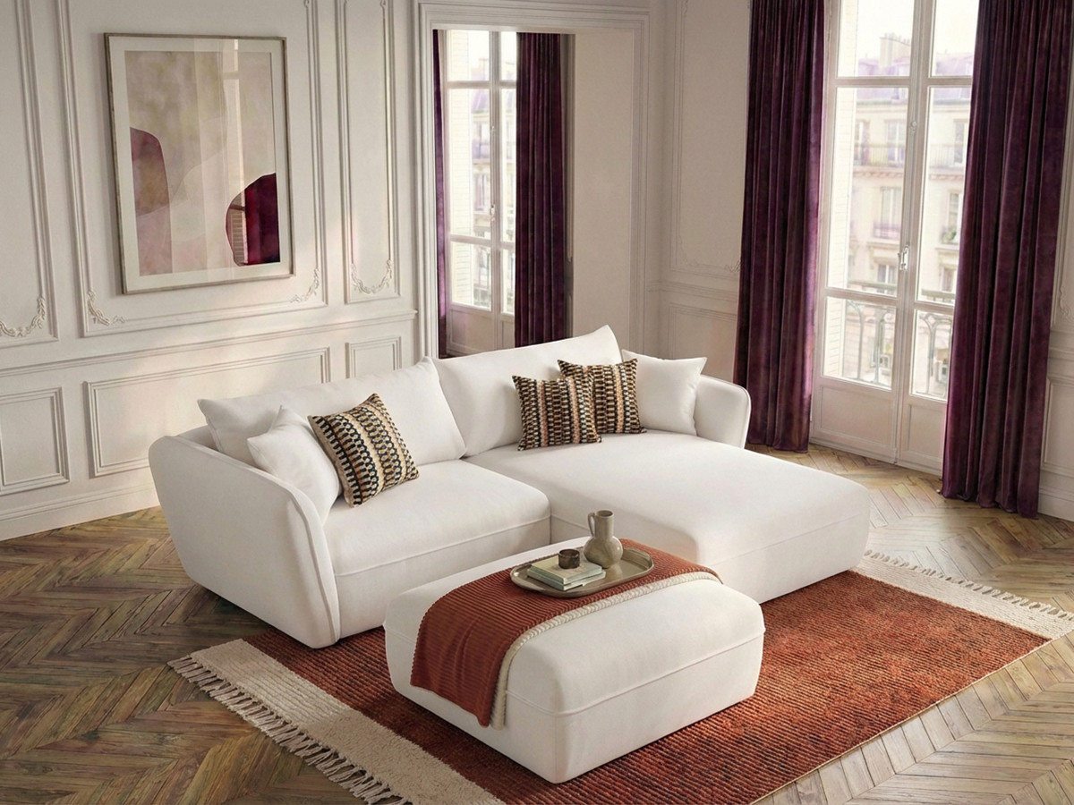 Canapé d'angle fixe LUIGI tissu texturé avec pouf