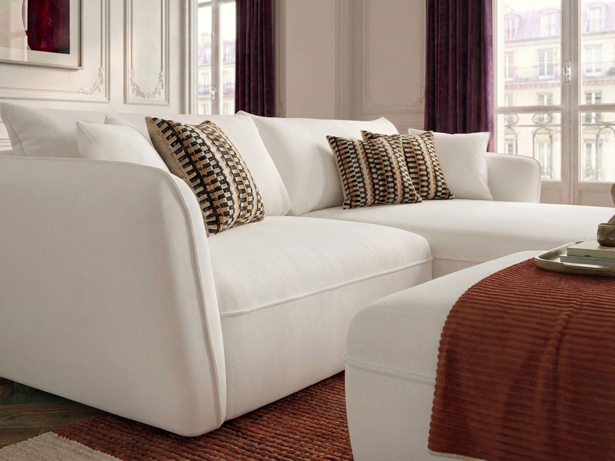 Canapé d'angle fixe LUIGI tissu lisse avec pouf