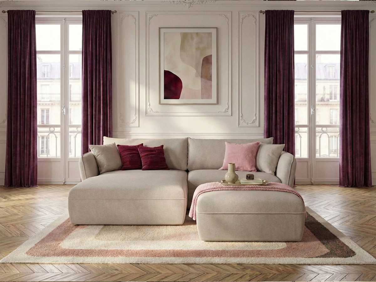 Canapé d'angle fixe LUIGI tissu lisse avec pouf