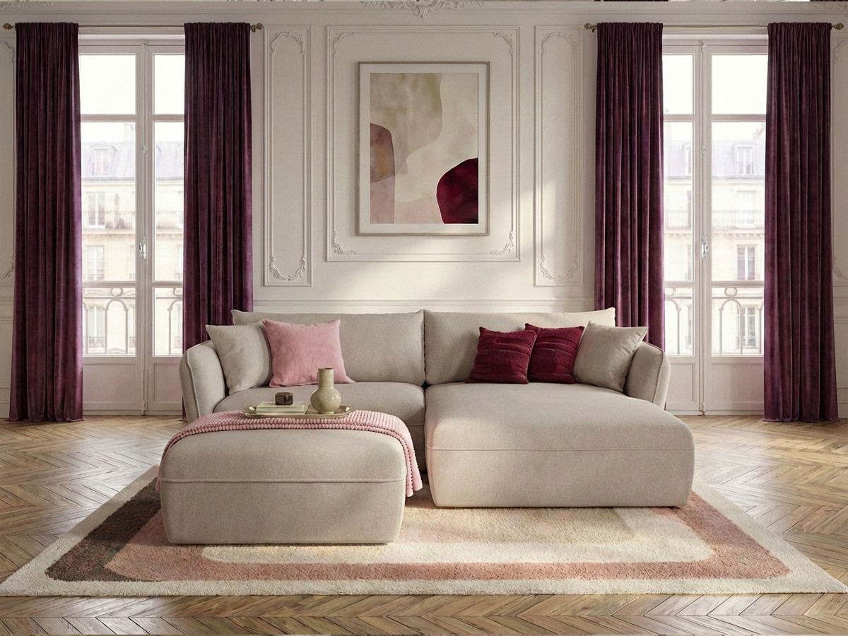 Canapé d'angle fixe LUIGI tissu lisse avec pouf