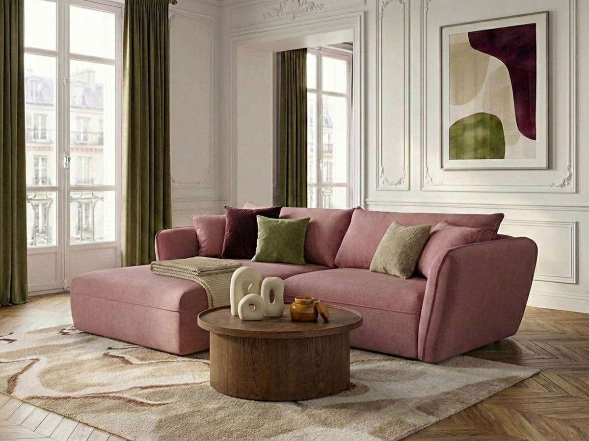 Canapé d'angle fixe LUIGI tissu lisse rose  angle gauche BOBOCHIC 3 places