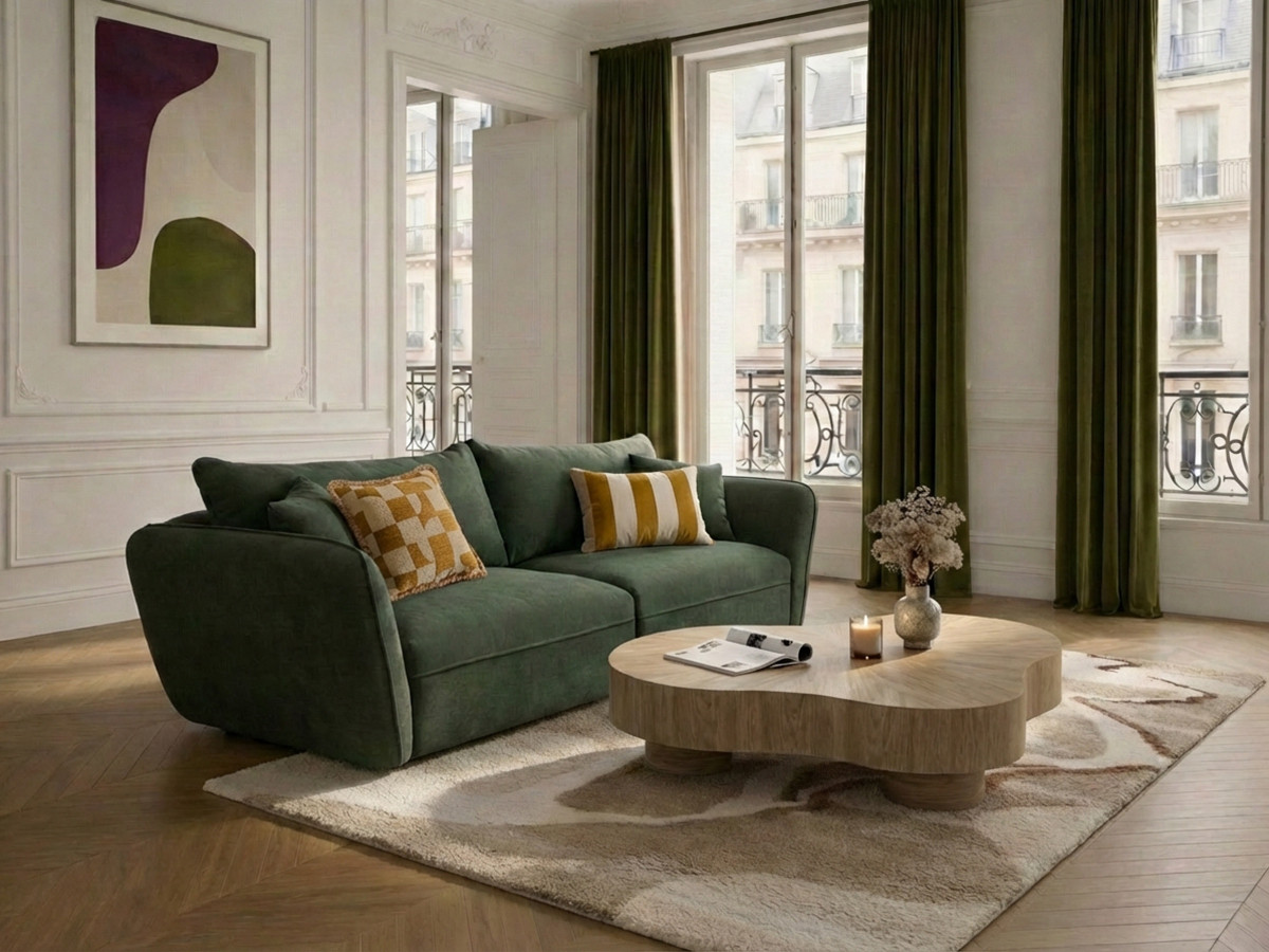 Canapé droit 3 places LUIGI texturé vert