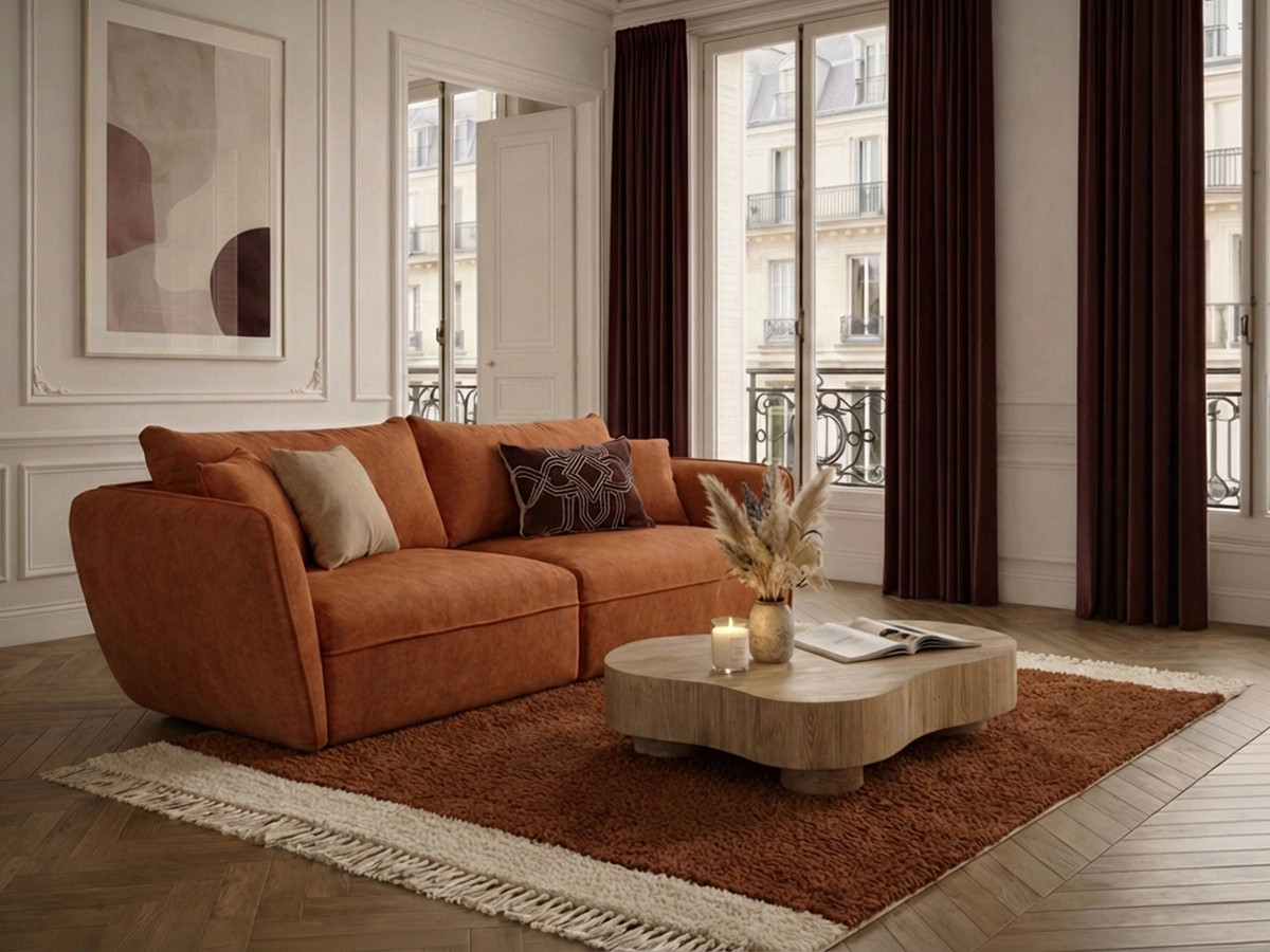 Canapé droit 3 places LUIGI texturé orange