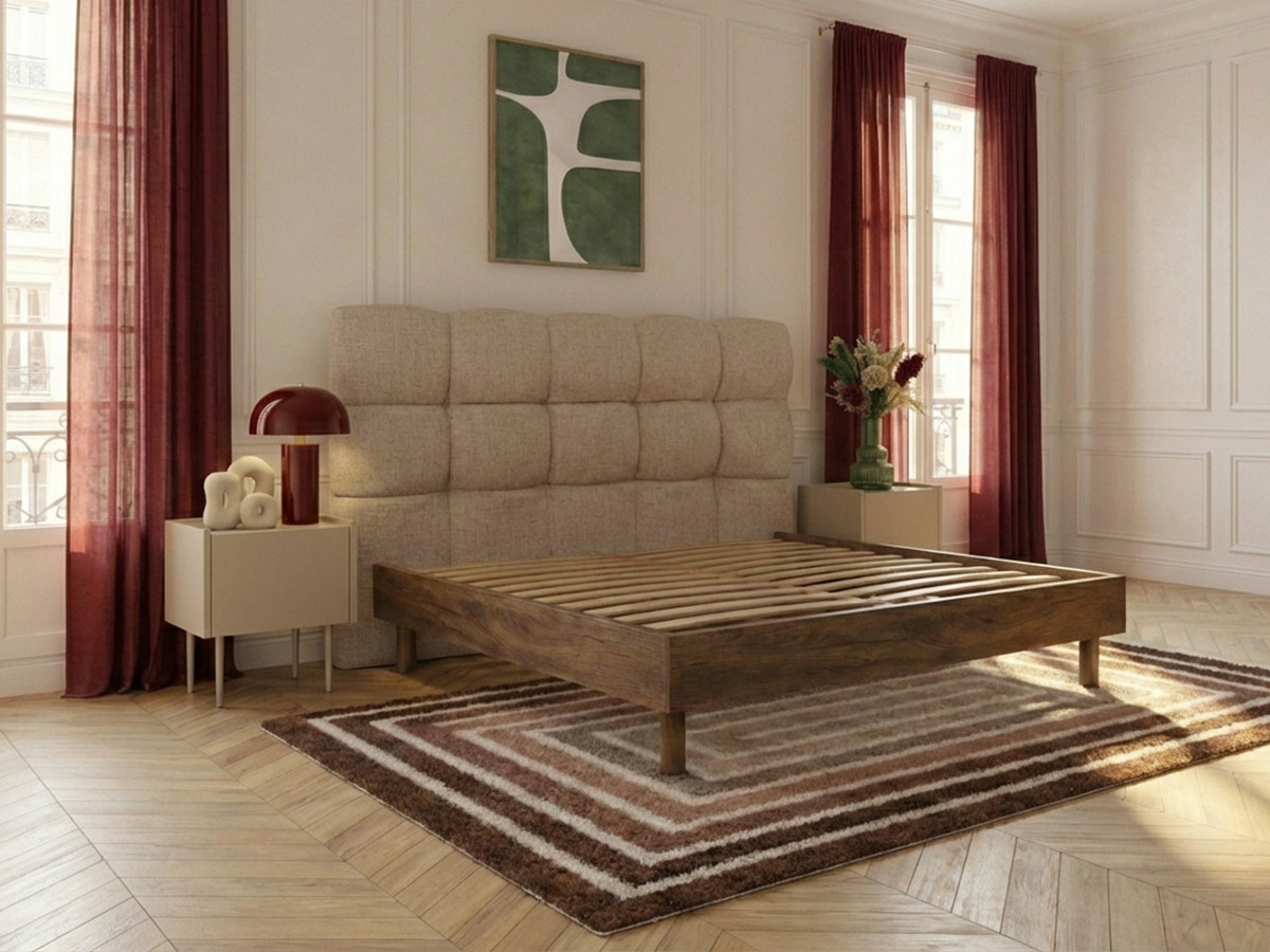 KUMO-bed met gestructureerde stof, stevige lattenbodem en poten van natuurlijk hout