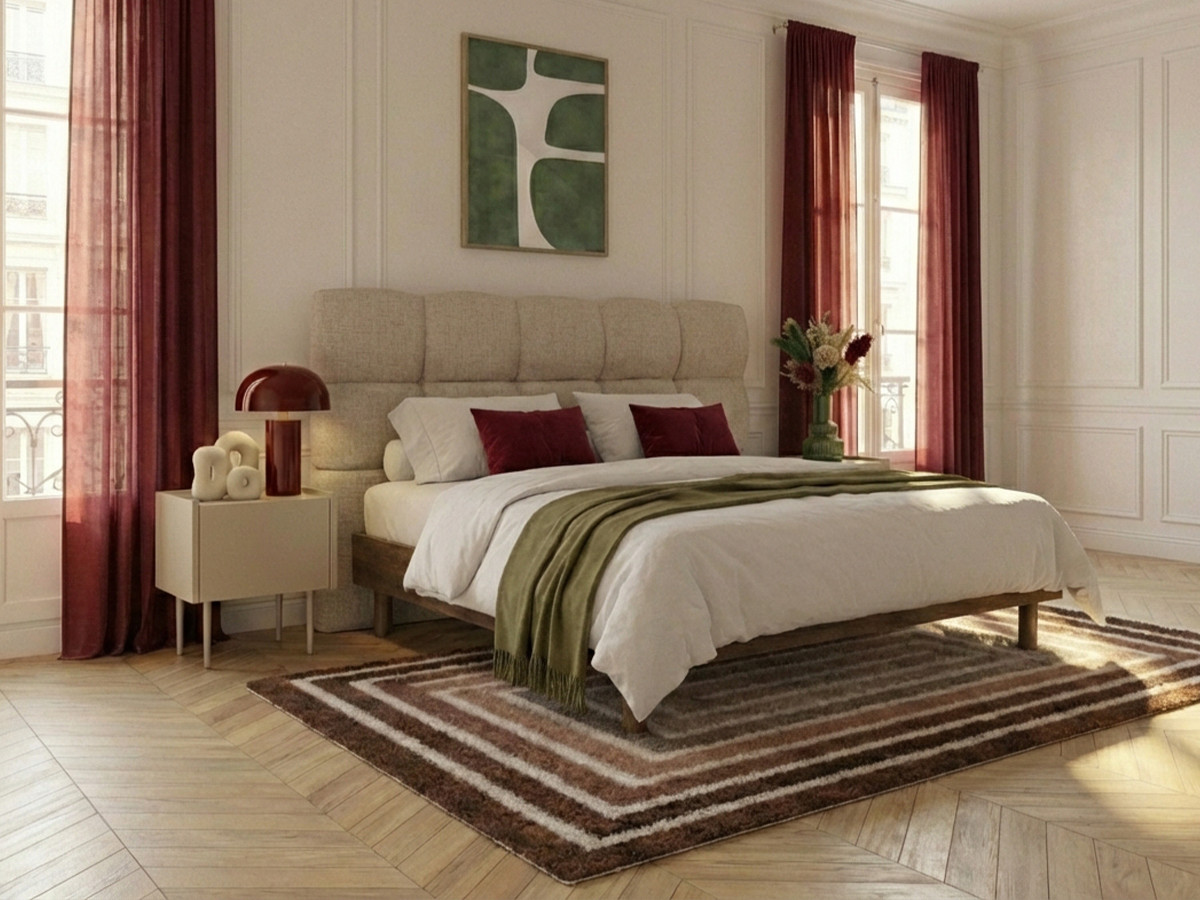 Lit KUMO texturé lattes massives pieds en bois naturel beige — vue 4