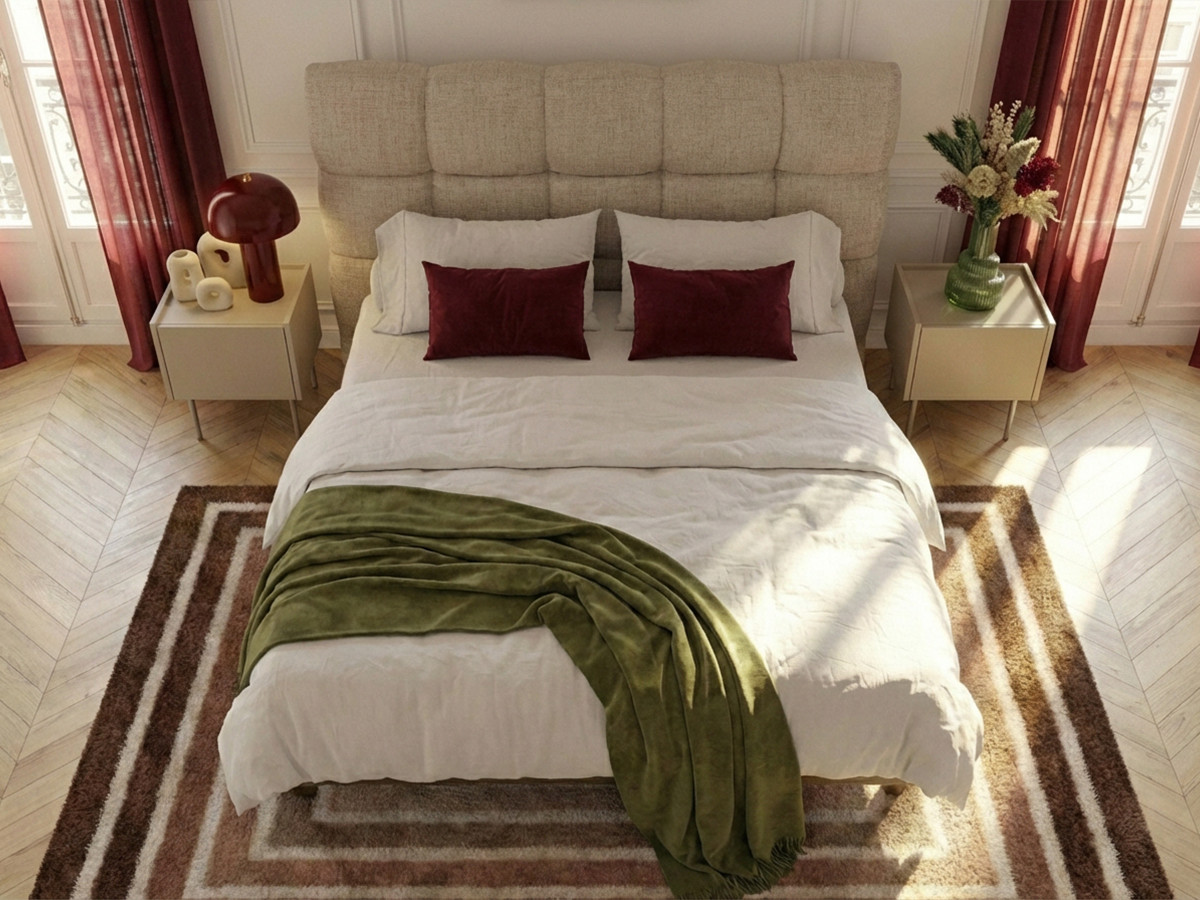 KUMO-bed met gestructureerde stof, stevige lattenbodem en poten van natuurlijk hout