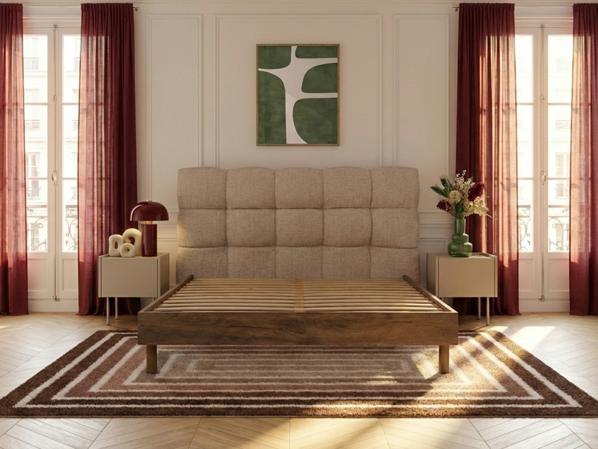 KUMO-bed met gestructureerde stof, stevige lattenbodem en poten van natuurlijk hout