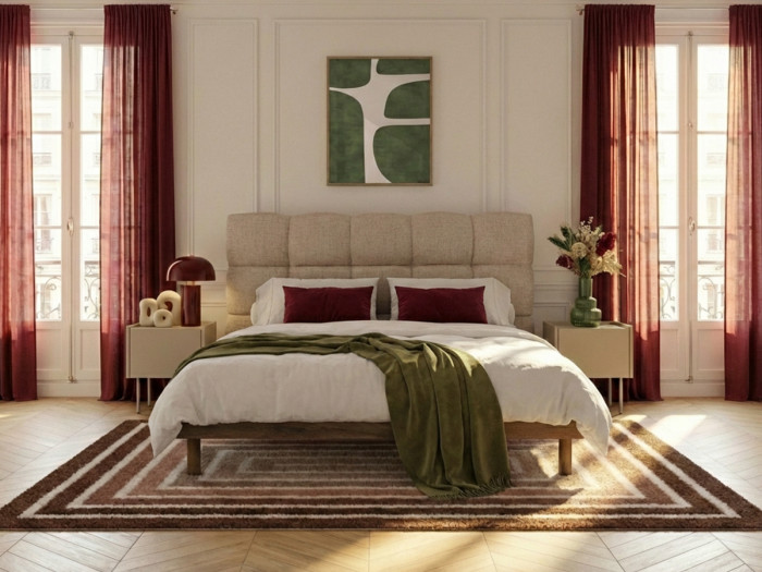 Lit KUMO tissu texturé lattes massives pieds en bois naturel