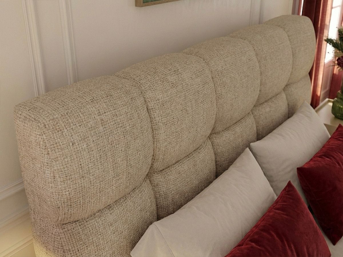 KUMO-bed met gestructureerde stof, stevige lattenbodem en poten van natuurlijk hout