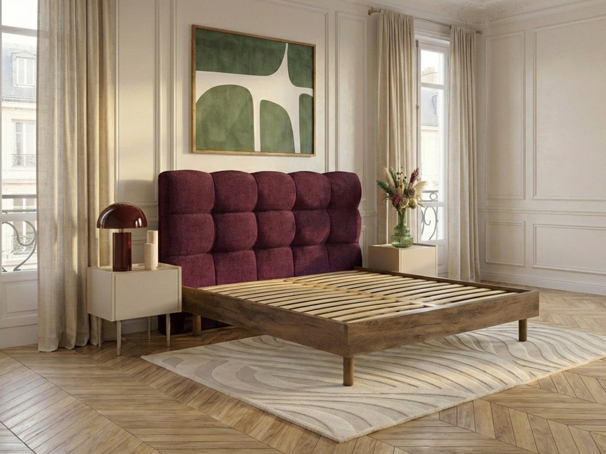 KUMO-bed met gestructureerde stof, stevige lattenbodem en poten van natuurlijk hout