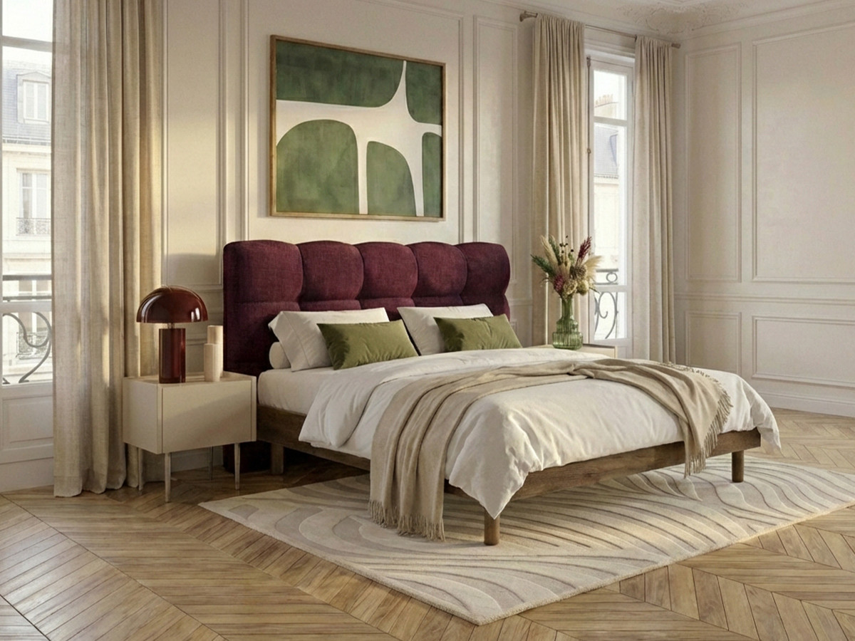 KUMO-bed met gestructureerde stof, stevige lattenbodem en poten van natuurlijk hout