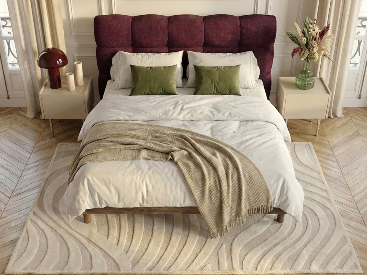 KUMO-bed met gestructureerde stof, stevige lattenbodem en poten van natuurlijk hout