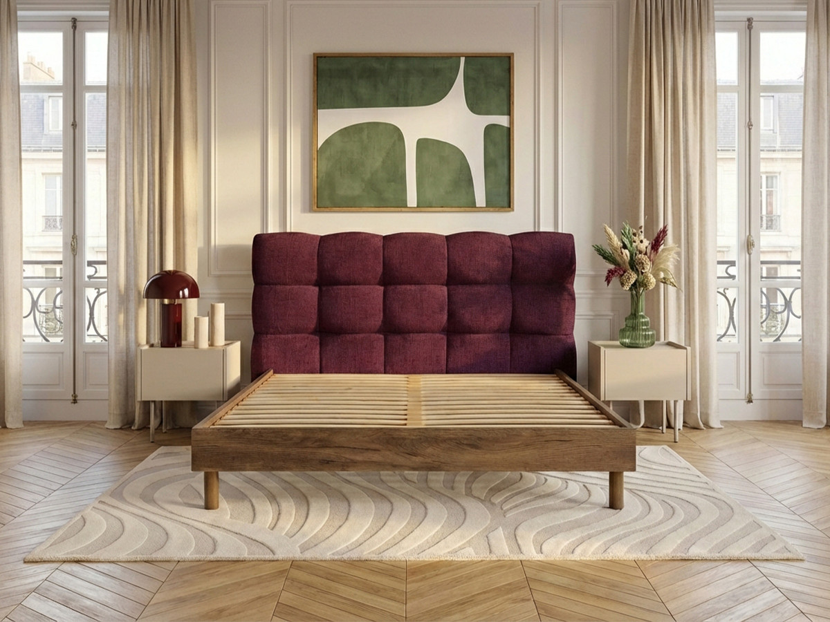KUMO-bed met gestructureerde stof, stevige lattenbodem en poten van natuurlijk hout