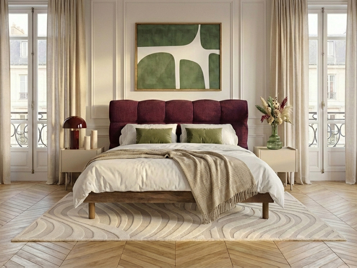 Lit KUMO texturé lattes massives pieds en bois naturel rouge