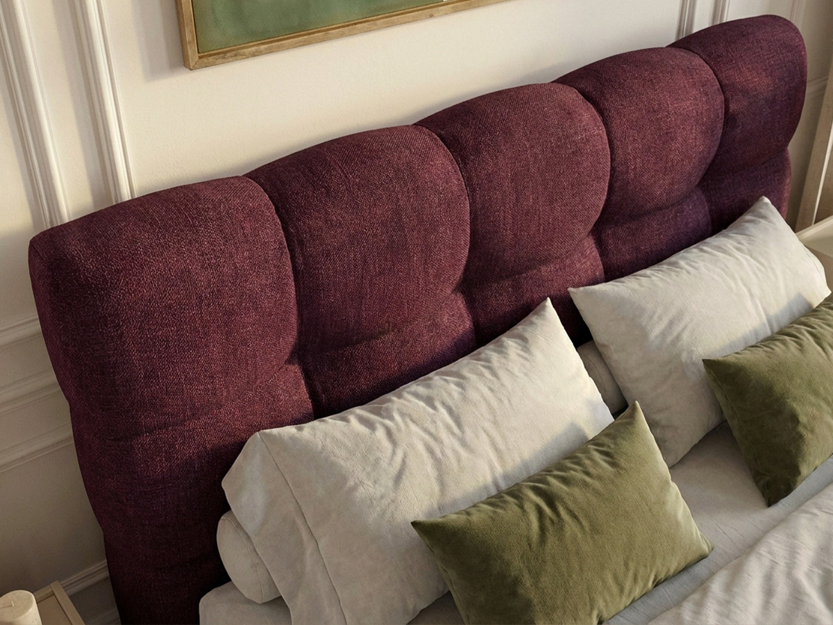 KUMO-bed met gestructureerde stof, stevige lattenbodem en poten van natuurlijk hout