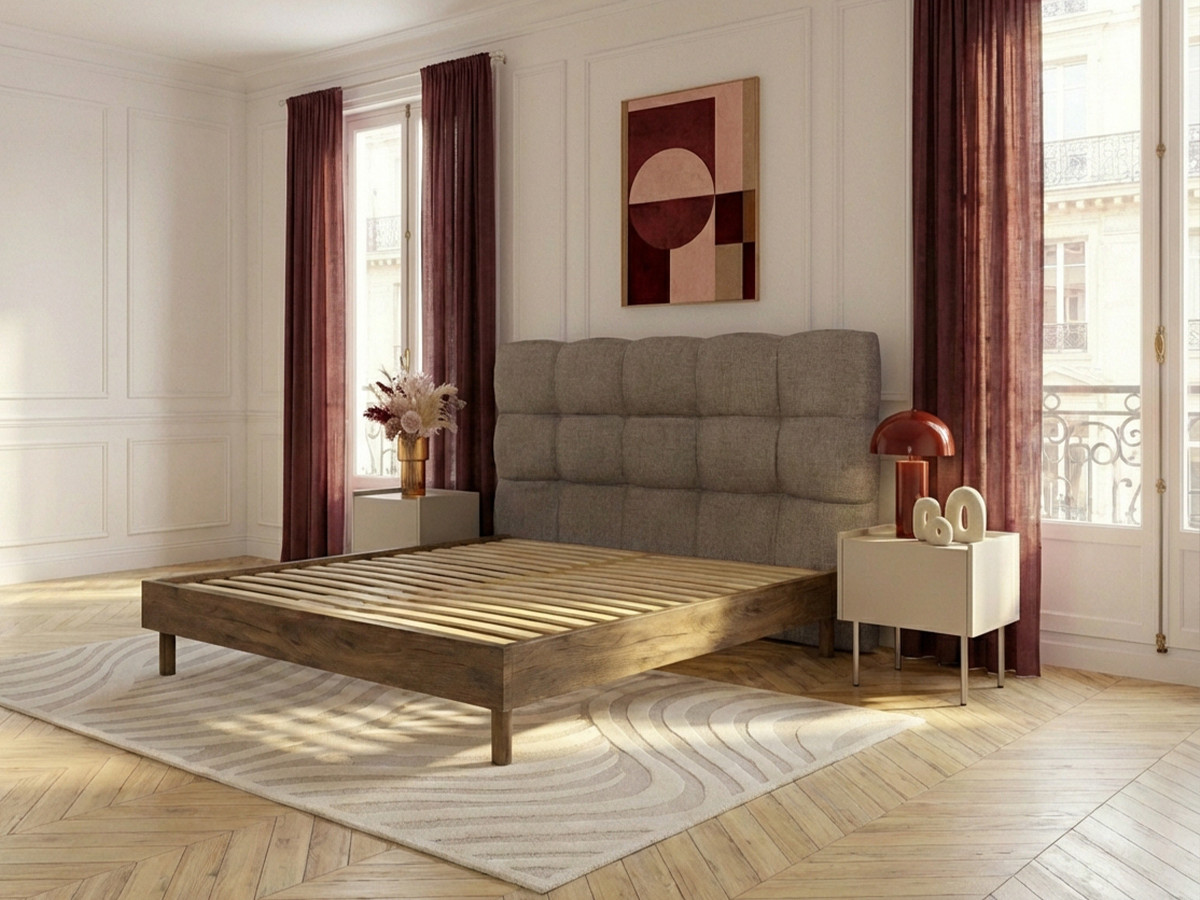 KUMO-bed met gestructureerde stof, stevige lattenbodem en poten van natuurlijk hout