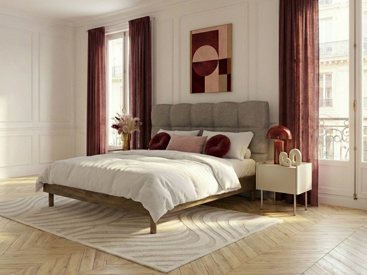 Lit KUMO texturé lattes massives pieds en bois naturel taupe — vue 4