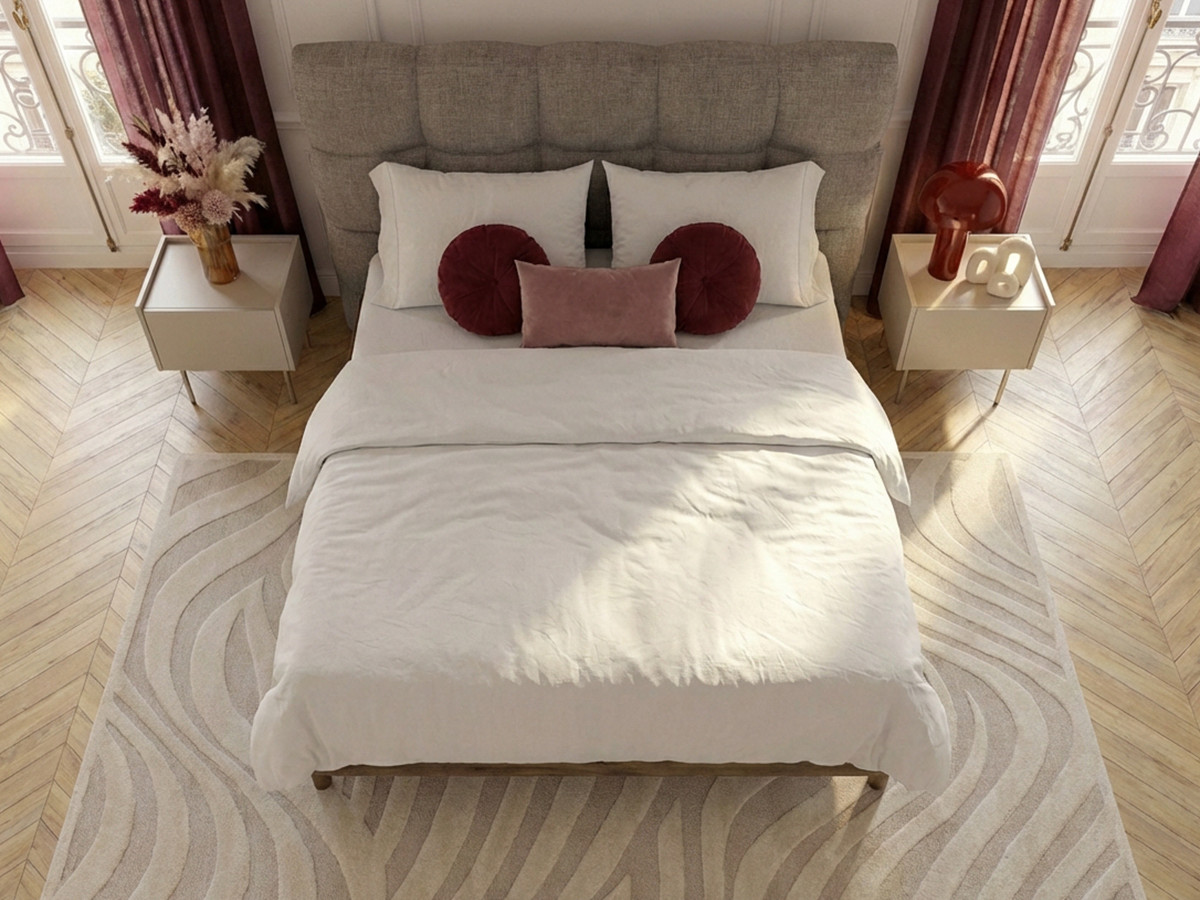 KUMO-bed met gestructureerde stof, stevige lattenbodem en poten van natuurlijk hout