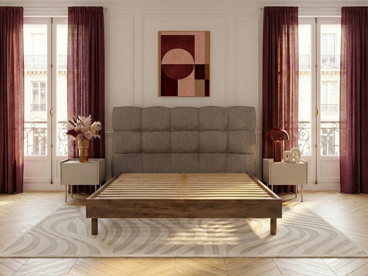 KUMO-bed met gestructureerde stof, stevige lattenbodem en poten van natuurlijk hout