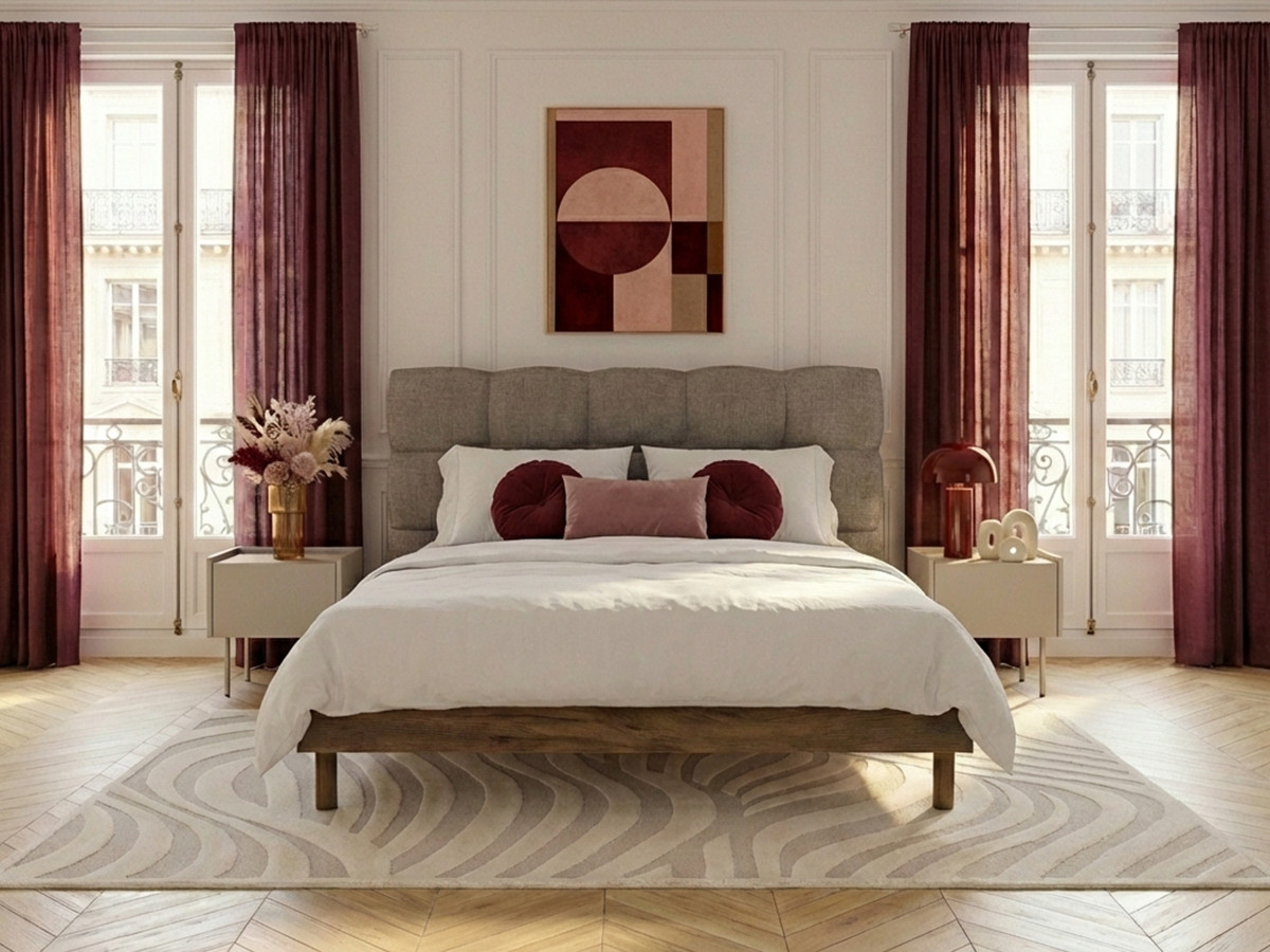 Lit KUMO texturé lattes massives pieds en bois naturel taupe