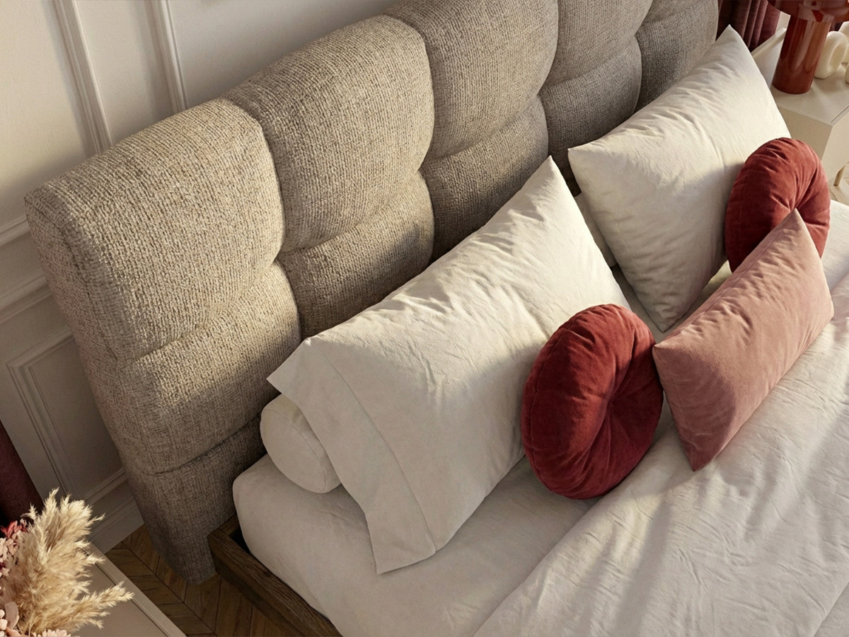 KUMO-bed met gestructureerde stof, stevige lattenbodem en poten van natuurlijk hout