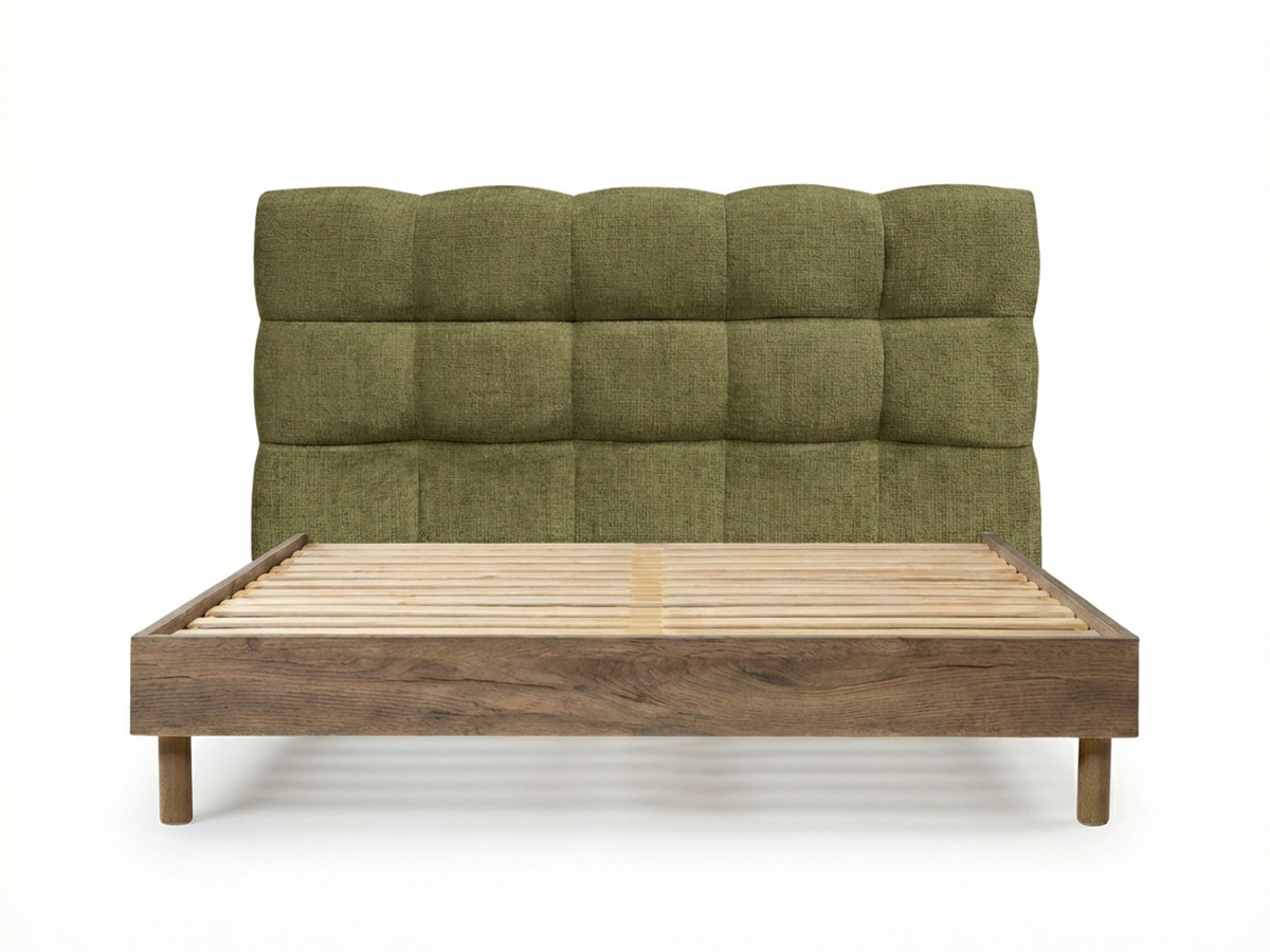 KUMO-bed met gestructureerde stof, stevige lattenbodem en poten van natuurlijk hout