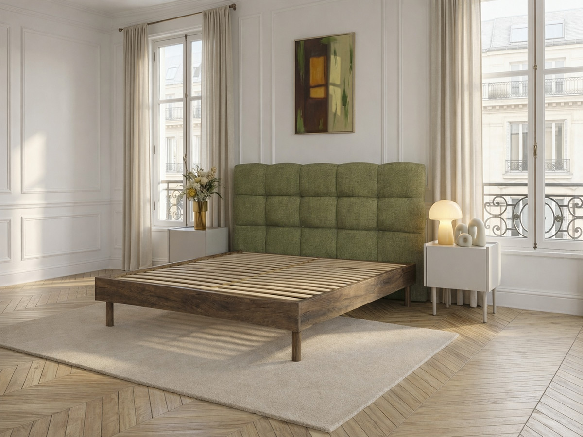 KUMO-bed met gestructureerde stof, stevige lattenbodem en poten van natuurlijk hout