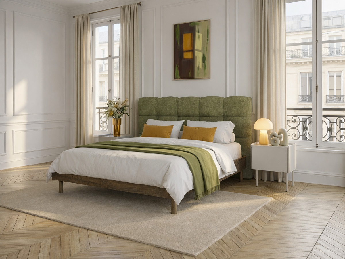 Lit KUMO texturé lattes massives pieds en bois naturel vert — vue 4