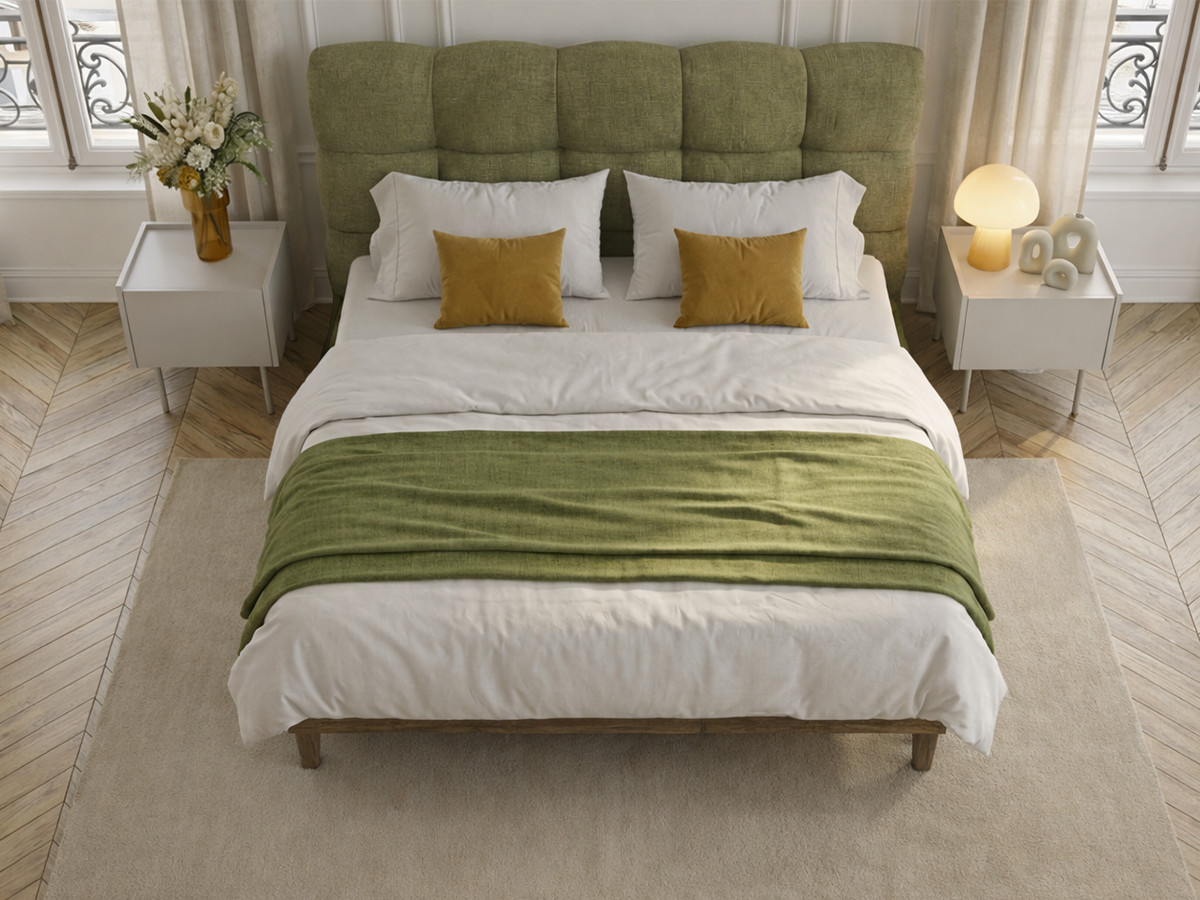 KUMO-bed met gestructureerde stof, stevige lattenbodem en poten van natuurlijk hout