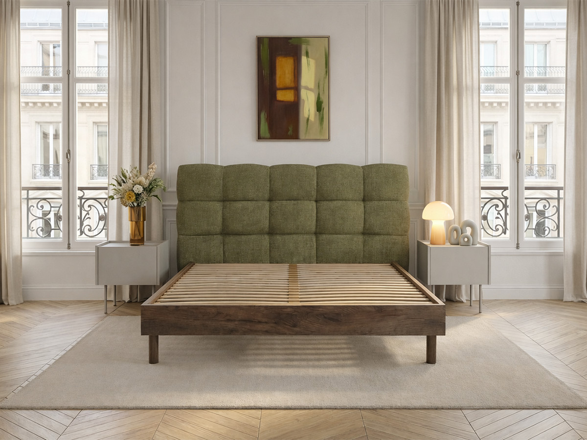Lit KUMO texturé lattes massives pieds en bois naturel vert — vue 6