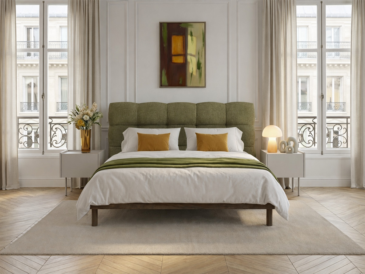 Lit KUMO texturé lattes massives pieds en bois naturel vert