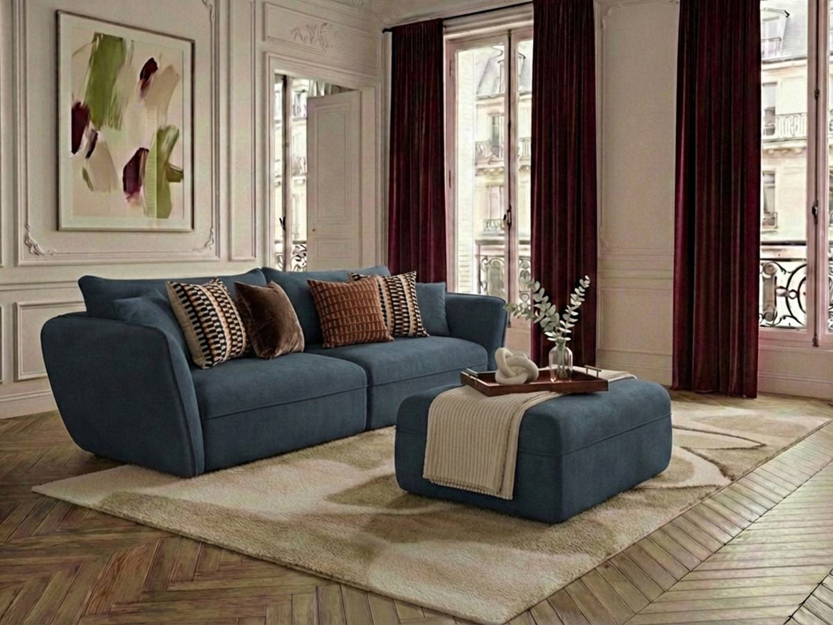 Canapé droit fixe 3 places LUIGI tissu lisse avec pouf