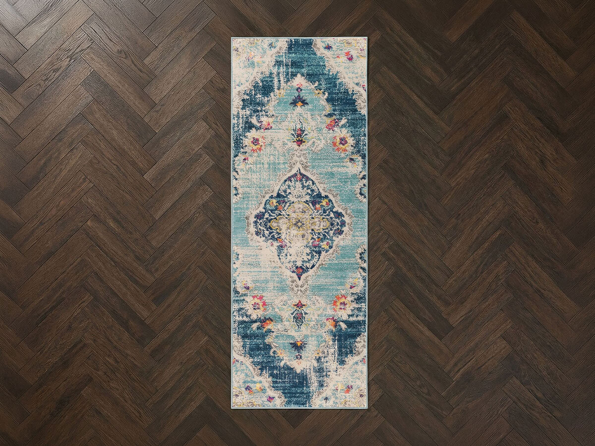 Tapis de couloir poils ras RUMI motif oriental bleu