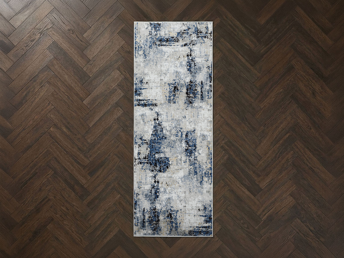 Tapis de couloir poils ras SILAS motif abstrait bleu