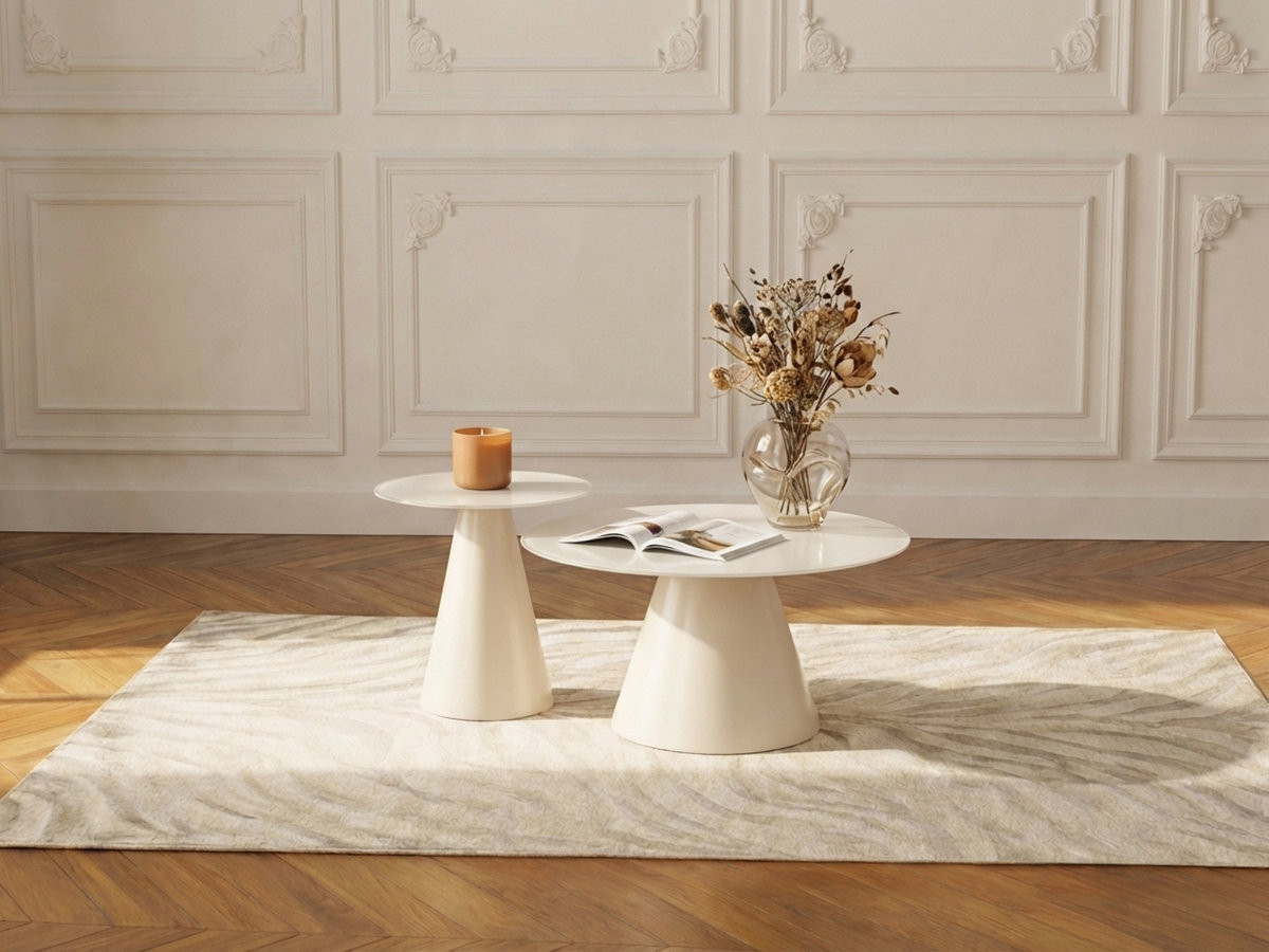 Set de 2 tables basses VALIA verre trempé et métal crème