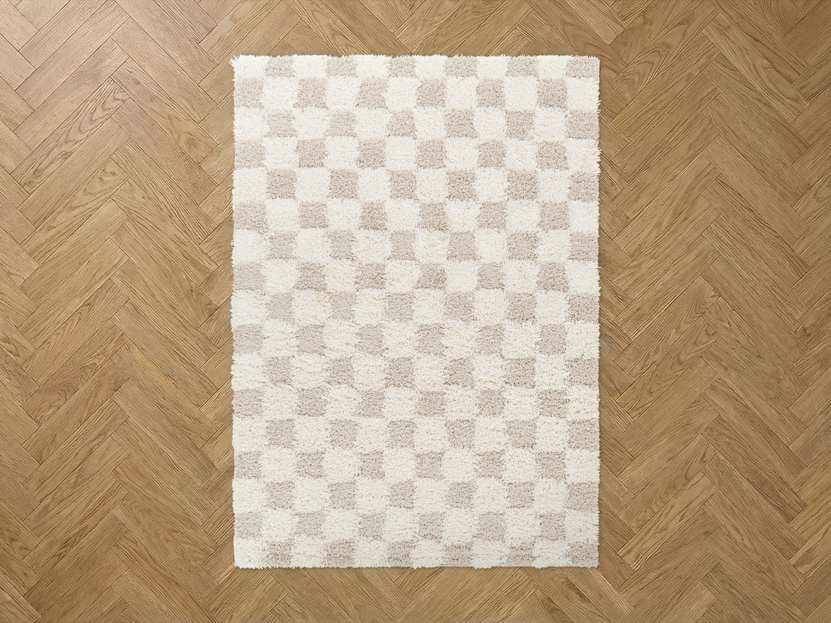 Tapis poils longs RIMA motif damier beige