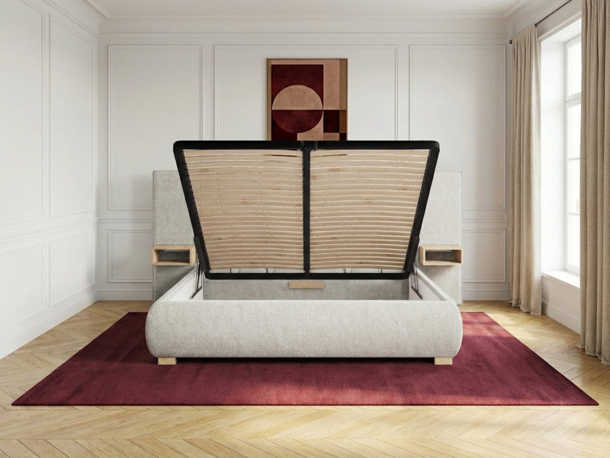 Lit coffre FLOA avec chevets et LED intégrées beige — vue 4