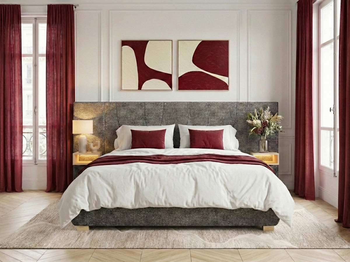 Lit coffre FLOA avec chevets et LED intégrées gris