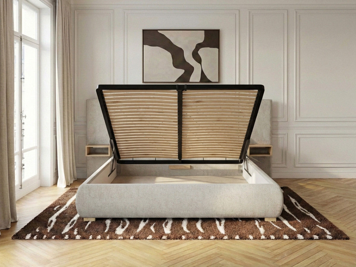 Lit coffre TREMY avec chevets et LED intégrées beige — vue 4