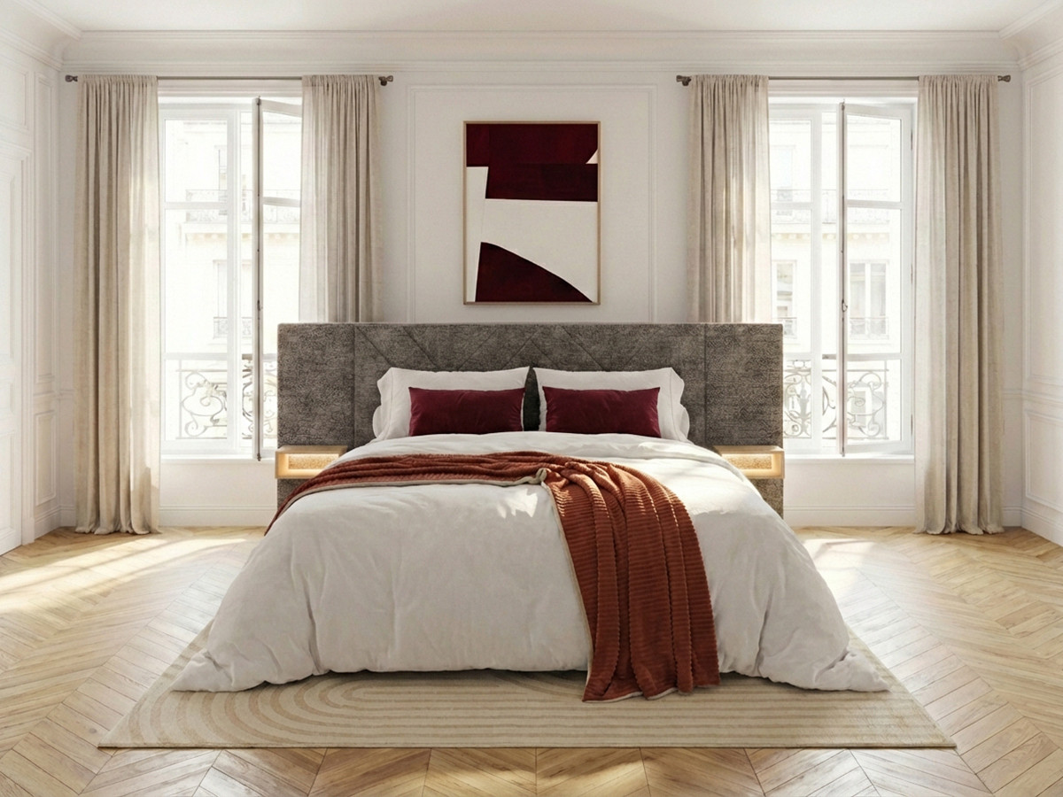 Lit coffre TREMY avec chevets et LED intégrées gris