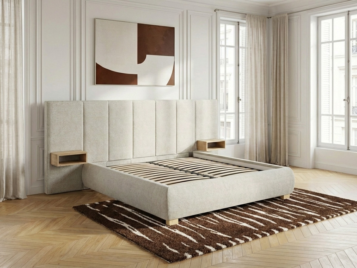 ALOE opbergbed met gestoffeerd hoofdbord, nachtkastjes en geďntegreerde led-verlichting