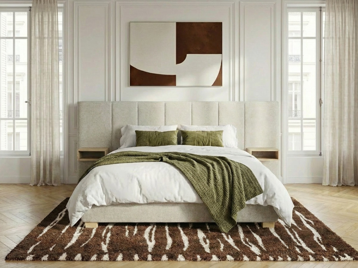 Lit coffre ALOE avec tête de lit capitonnée chevets et LED intégrées beige — vue 6